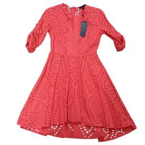 BCBGMaxAzria Eyelet Embroidery Cotton Dress XS Rococo Red. Fit and Flare